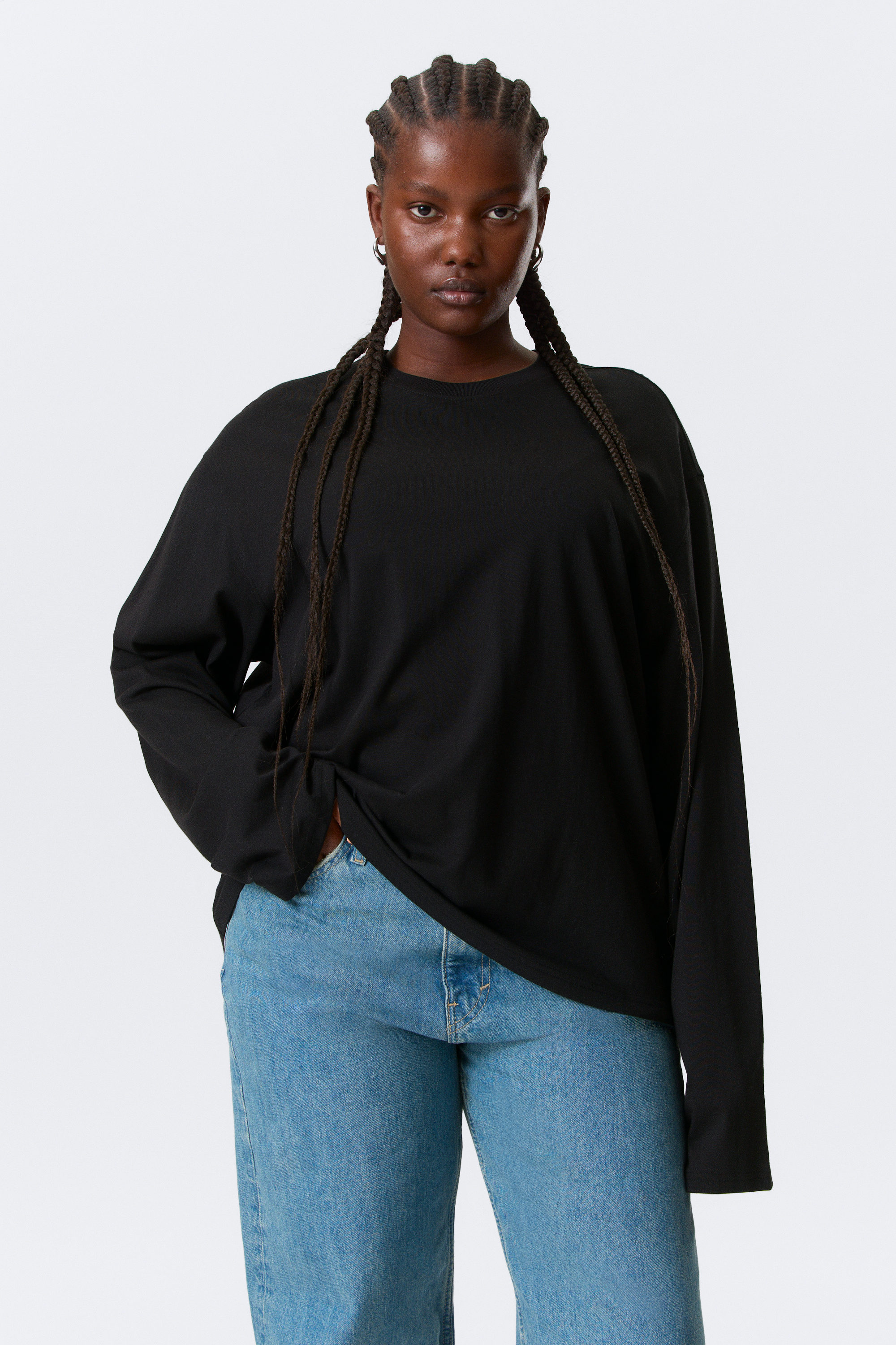 Black - Long-Sleeved Boxy Cotton T-shirt - 1