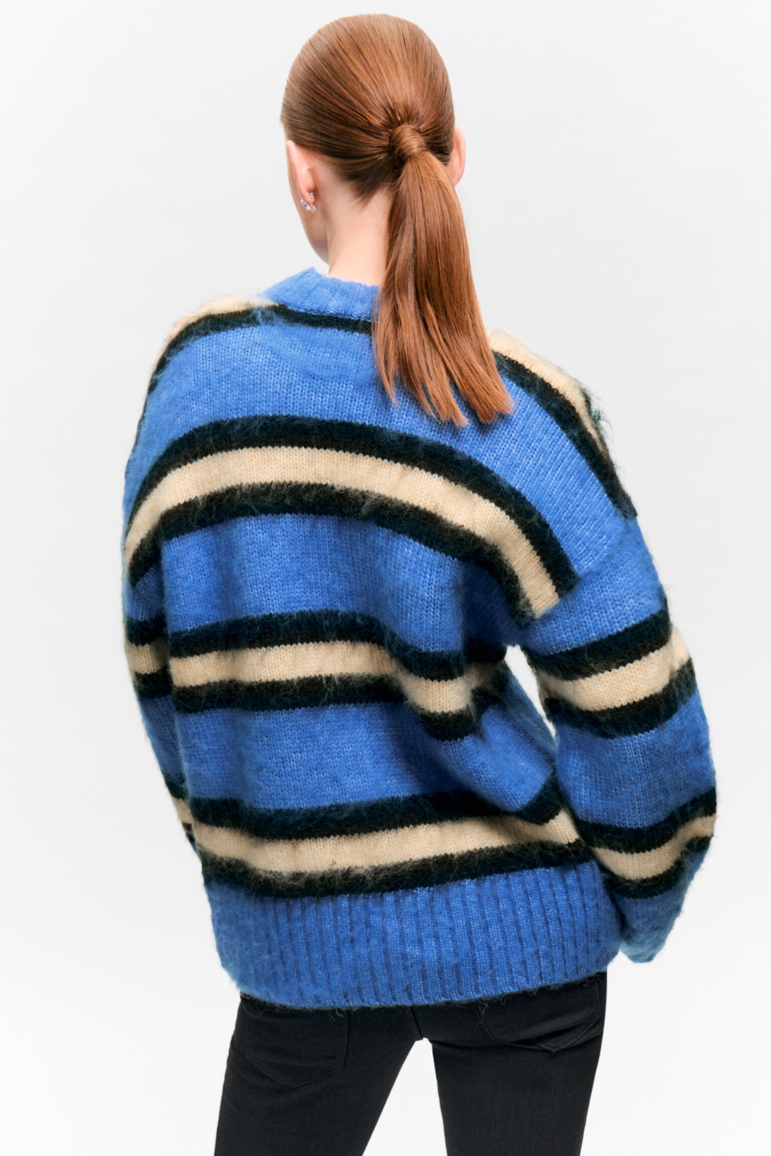 Relaxed Fit Fluffy Knit Sweater - Striped Blue/Dusty Yellow & Brown Stripes/Dark Brown - 3