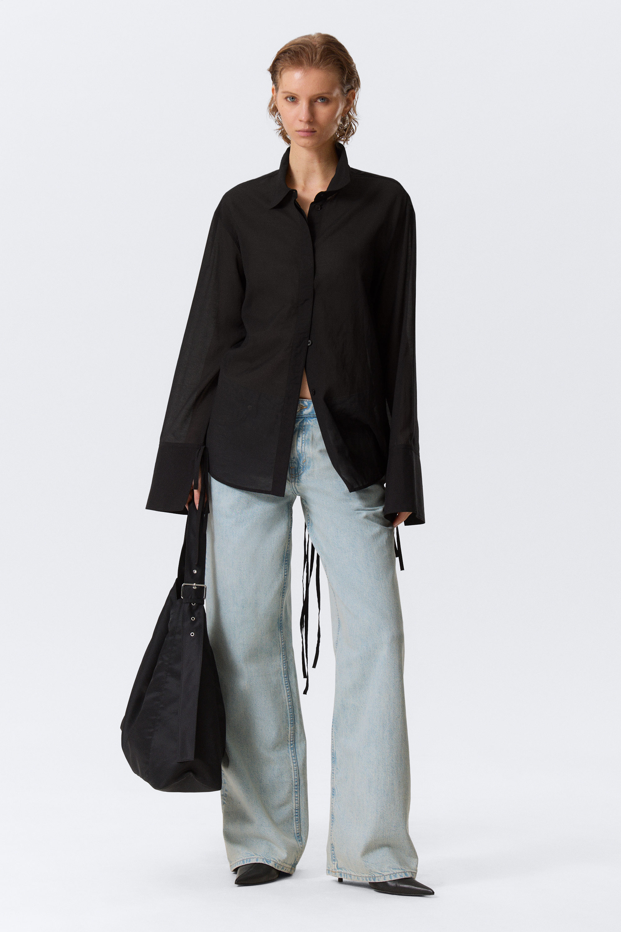 Black - Long-Sleeved Open Back Tie Shirt - 2