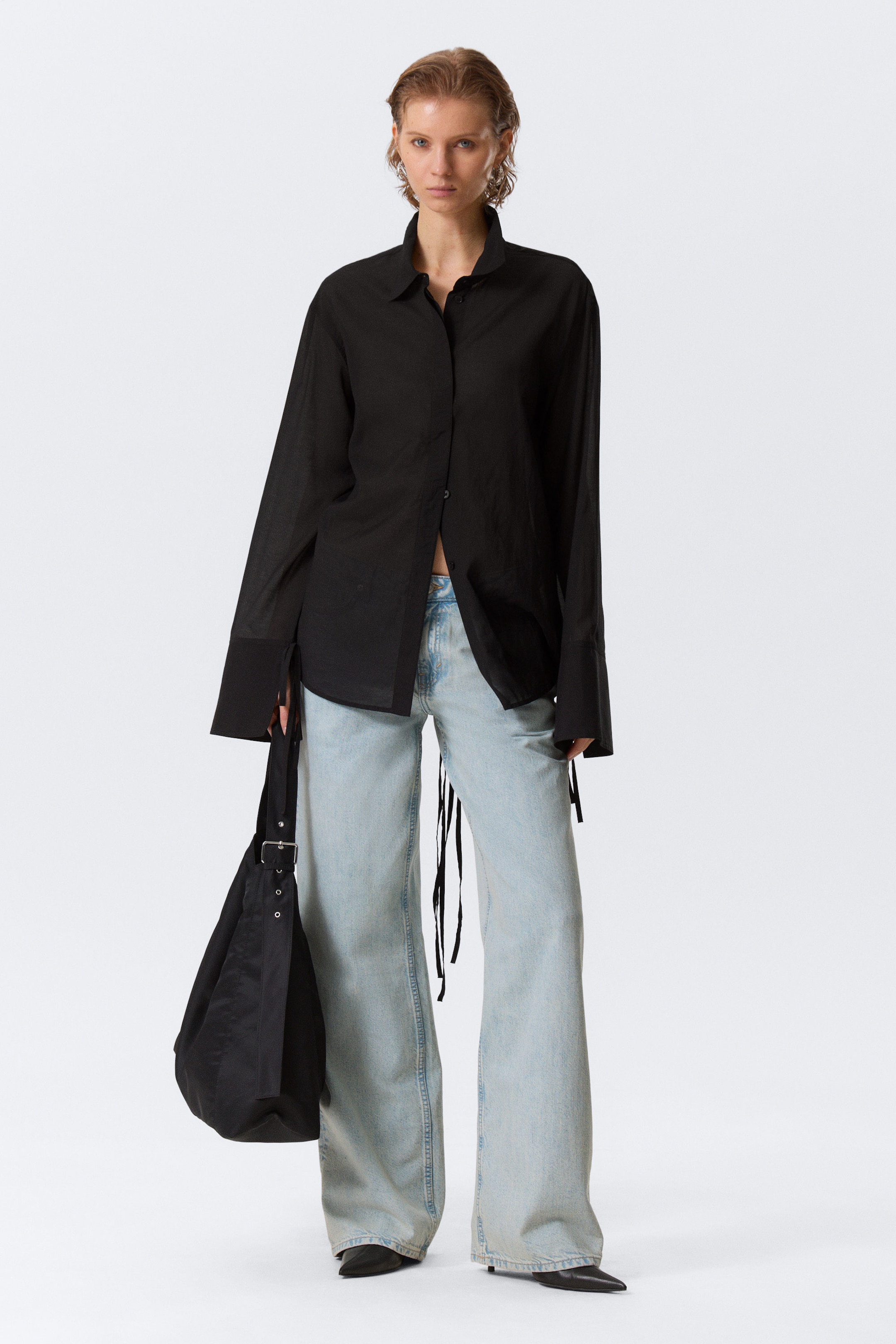 Svart - Långärmad skjorta med öppen rygg och knyt - 2