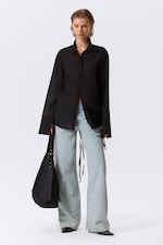 Black - Long-Sleeved Open Back Tie Shirt - 1