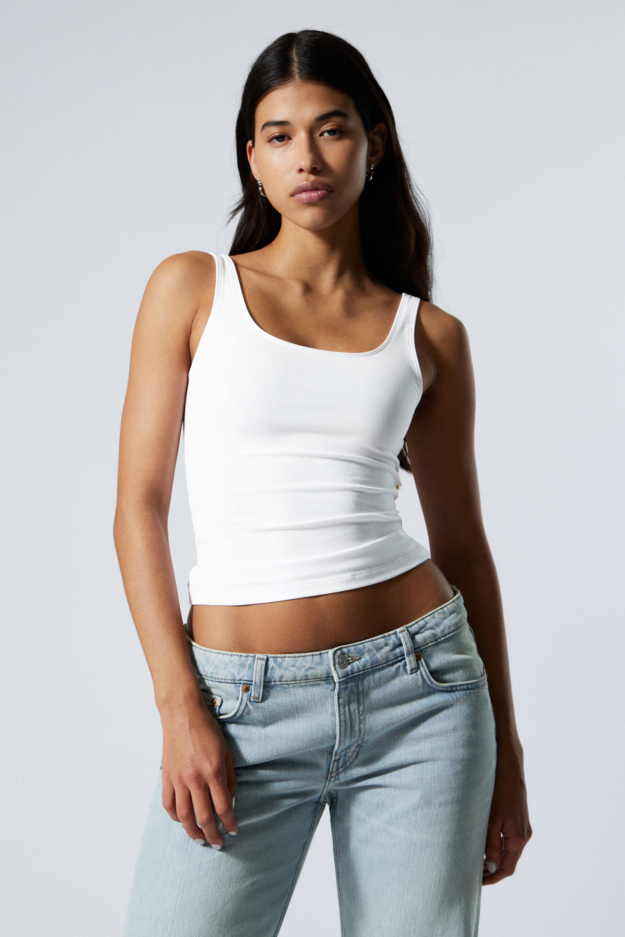#FFFFFF - Fitted Square Neck Tank Top - 1