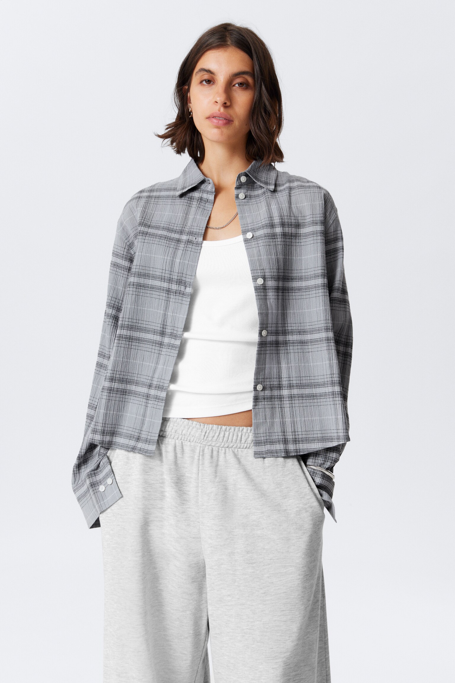 Cropped Button-Up Cotton Shirt - Dusty Blue Check