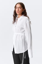 White - Long-Sleeved Open Back Tie Shirt - 2