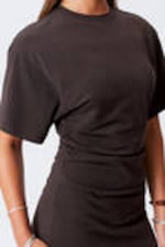 Dark Brown - Short-Sleeved Mini T-shirt Dress - 1