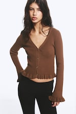Mørkebrun - Strikket cardigan med V-hals - 0