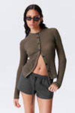 Dunkles Graubraun - Gerippter Cardigan mit schmaler Passform - 0