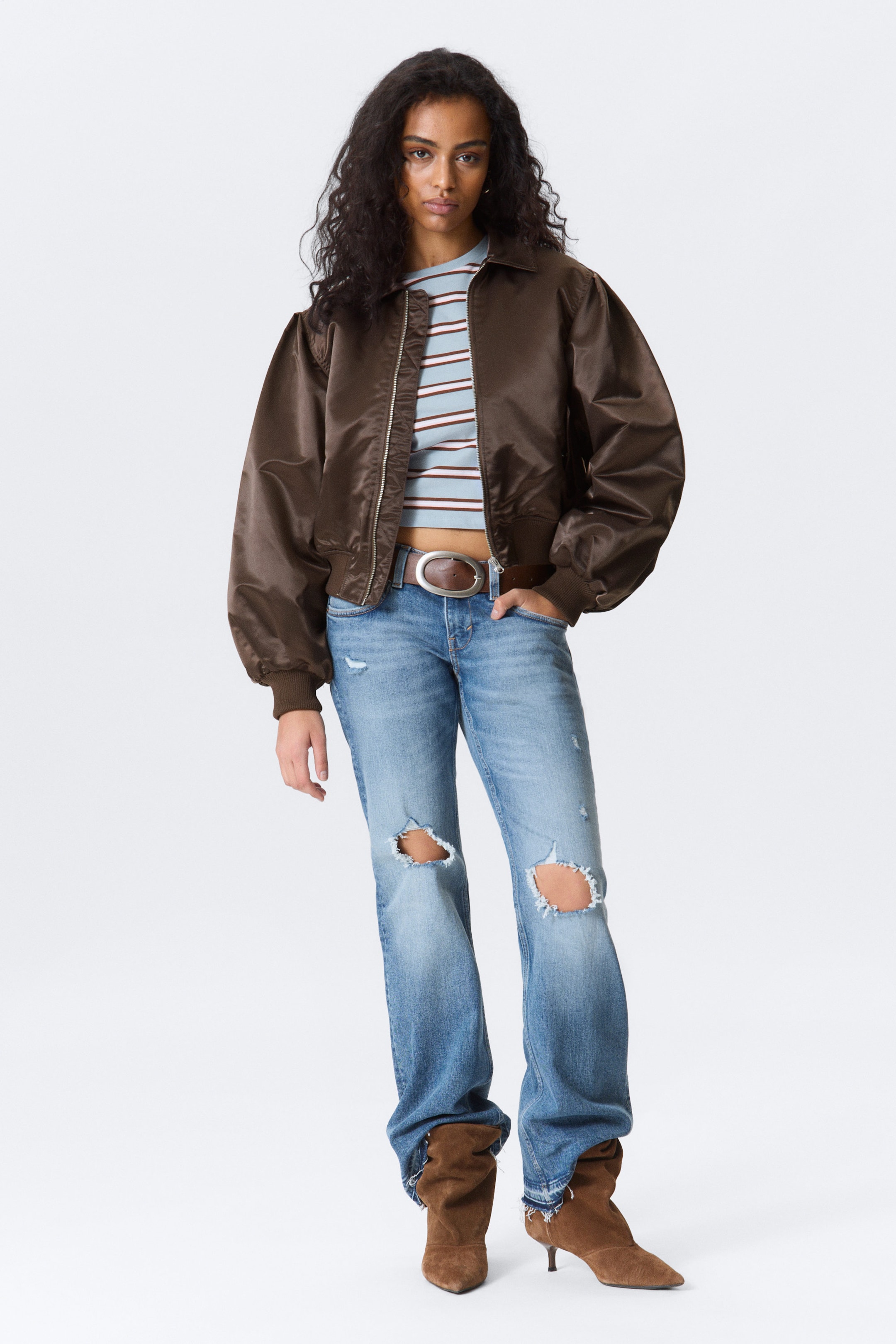 Dark Brown - YULIA B LOOSE NYLON BOMBER JACKET - 1