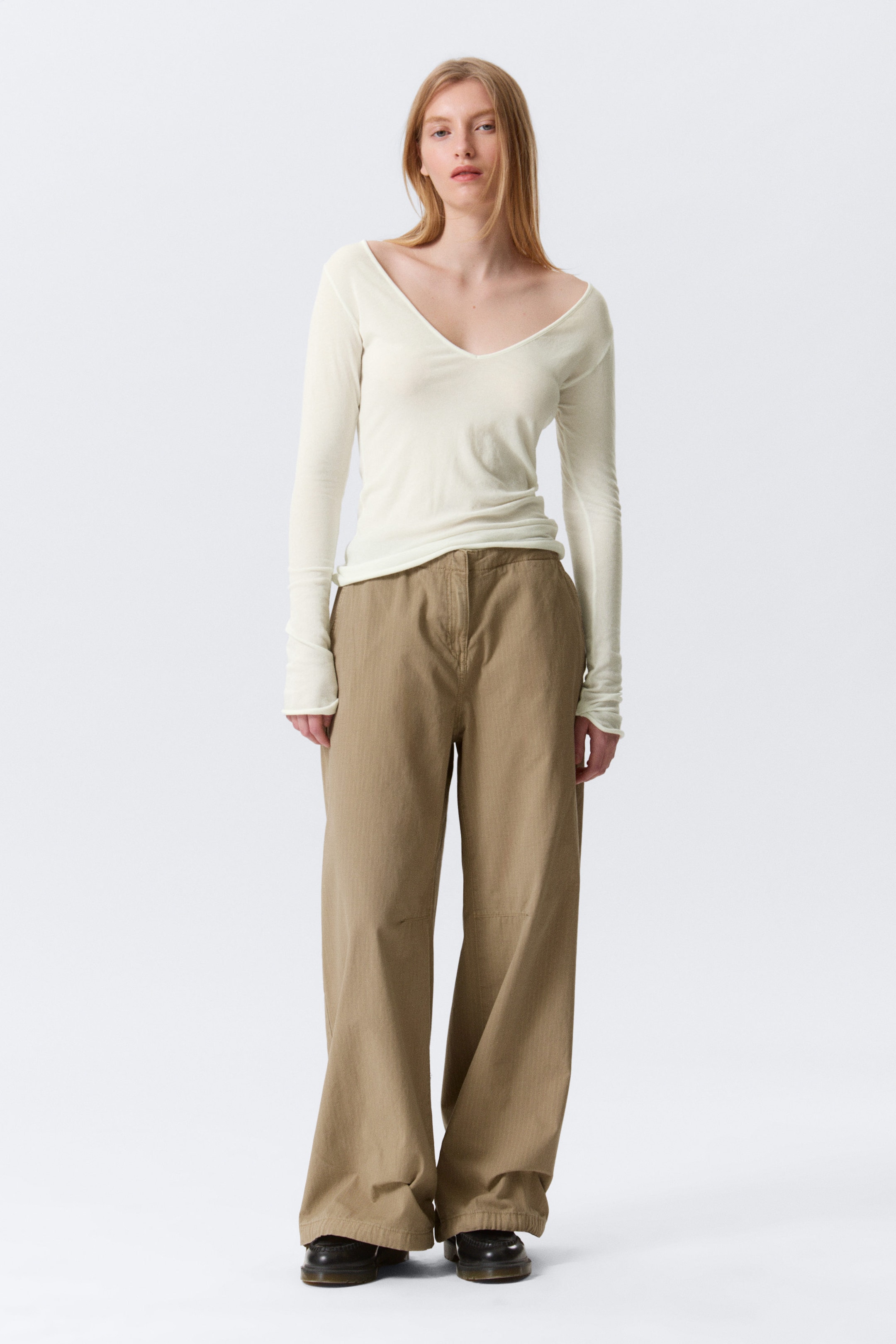 White - Plunging V-neck Long-Sleeved Top - 2