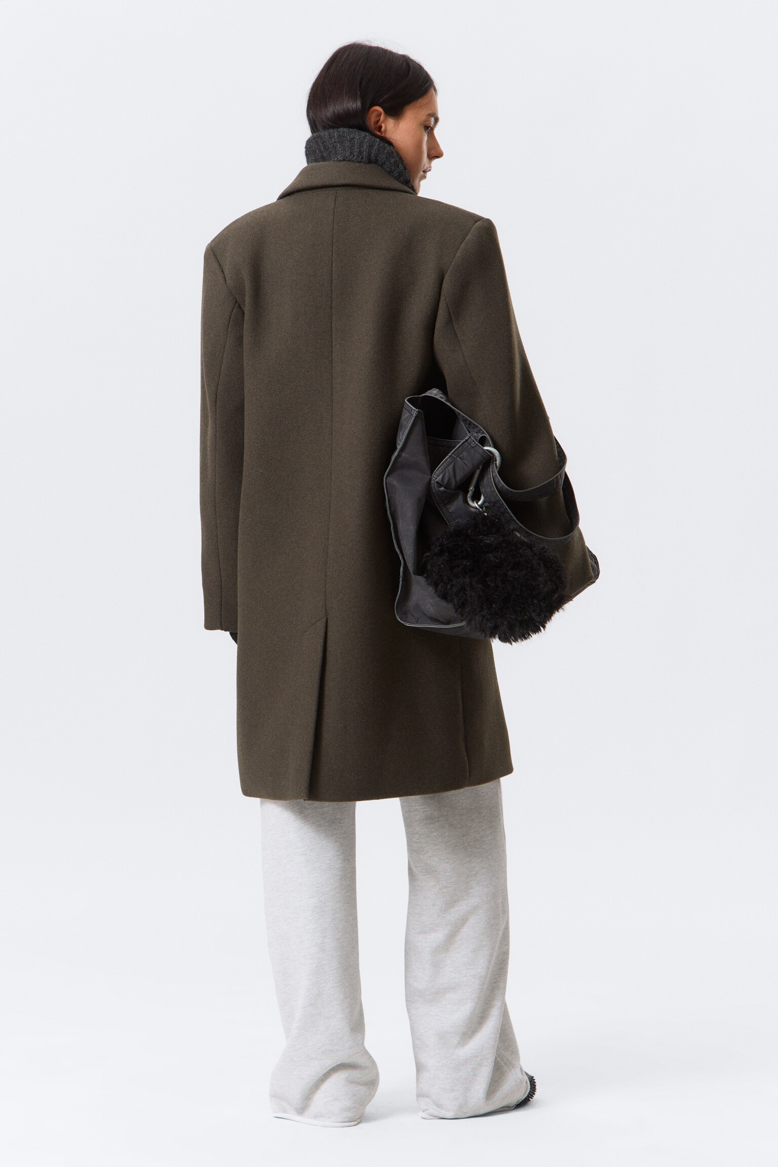 Oversized Knee-Length Wool-Blend Coat - Dark Khaki Green/Black - 5