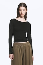 Black - Deep Back Long-Sleeved Top - 0