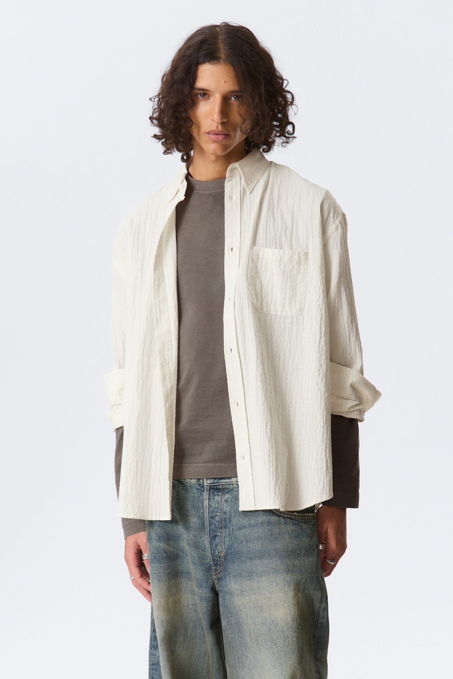 Oversized seersucker buttondown overhemd - Gebroken wit/Lichtgeel