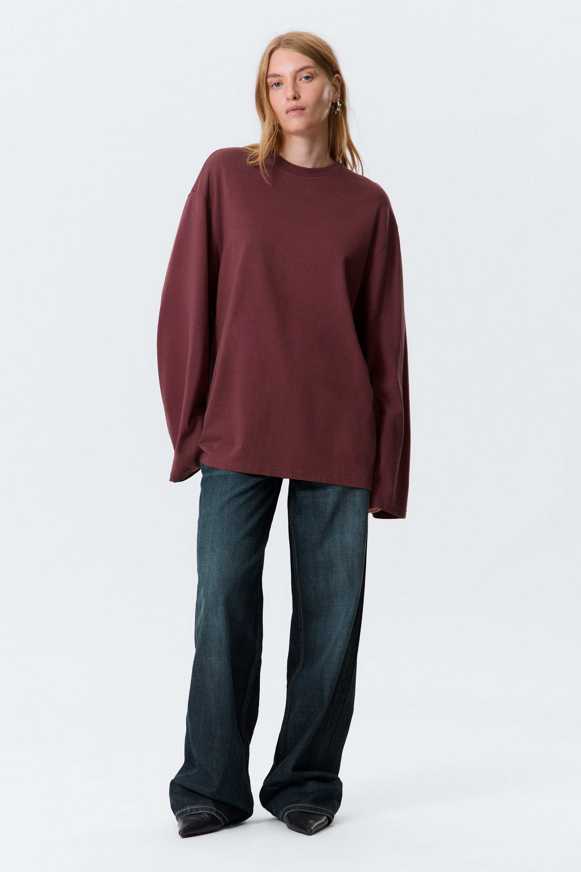 Burgundy - Oversized Long Sleeve T-shirt - 1