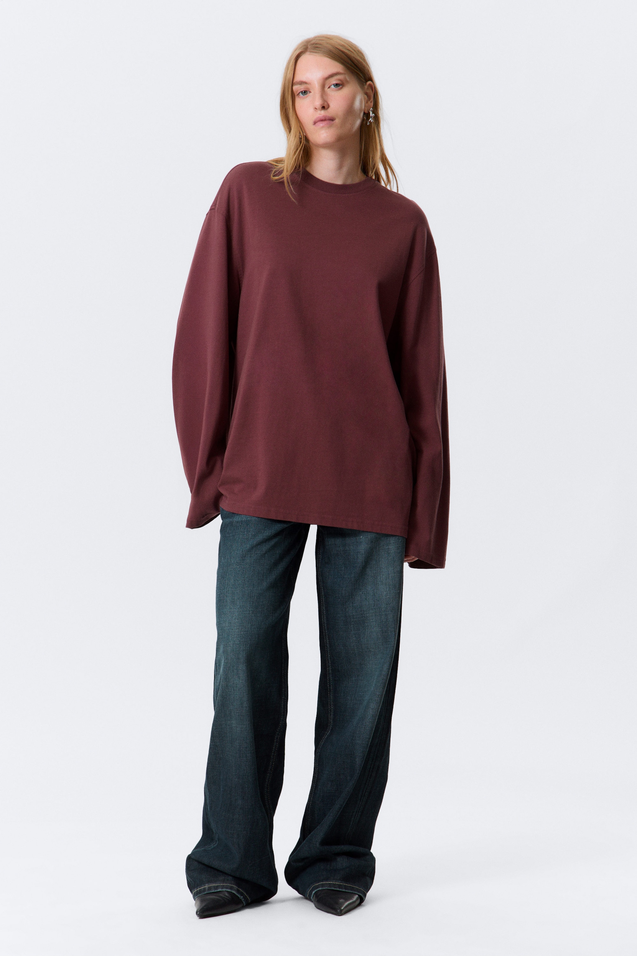 Burgundy - Oversized Long Sleeve T-shirt - 0