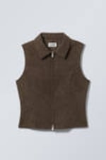 Dark Brown Herringbone - Slim Zip Vest Top - 0