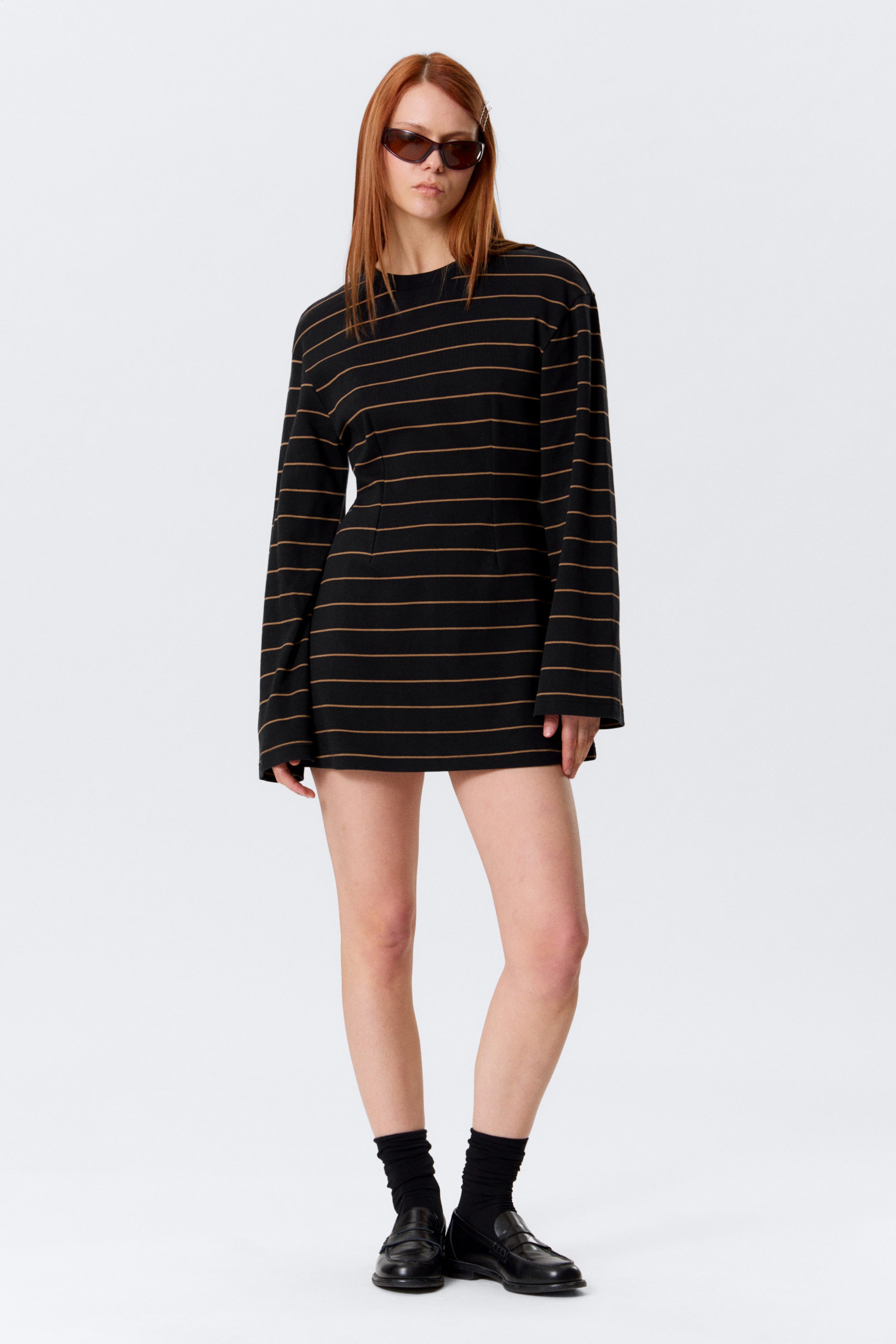 Striped Black - Long-Sleeved Cotton Mini Dress - 1