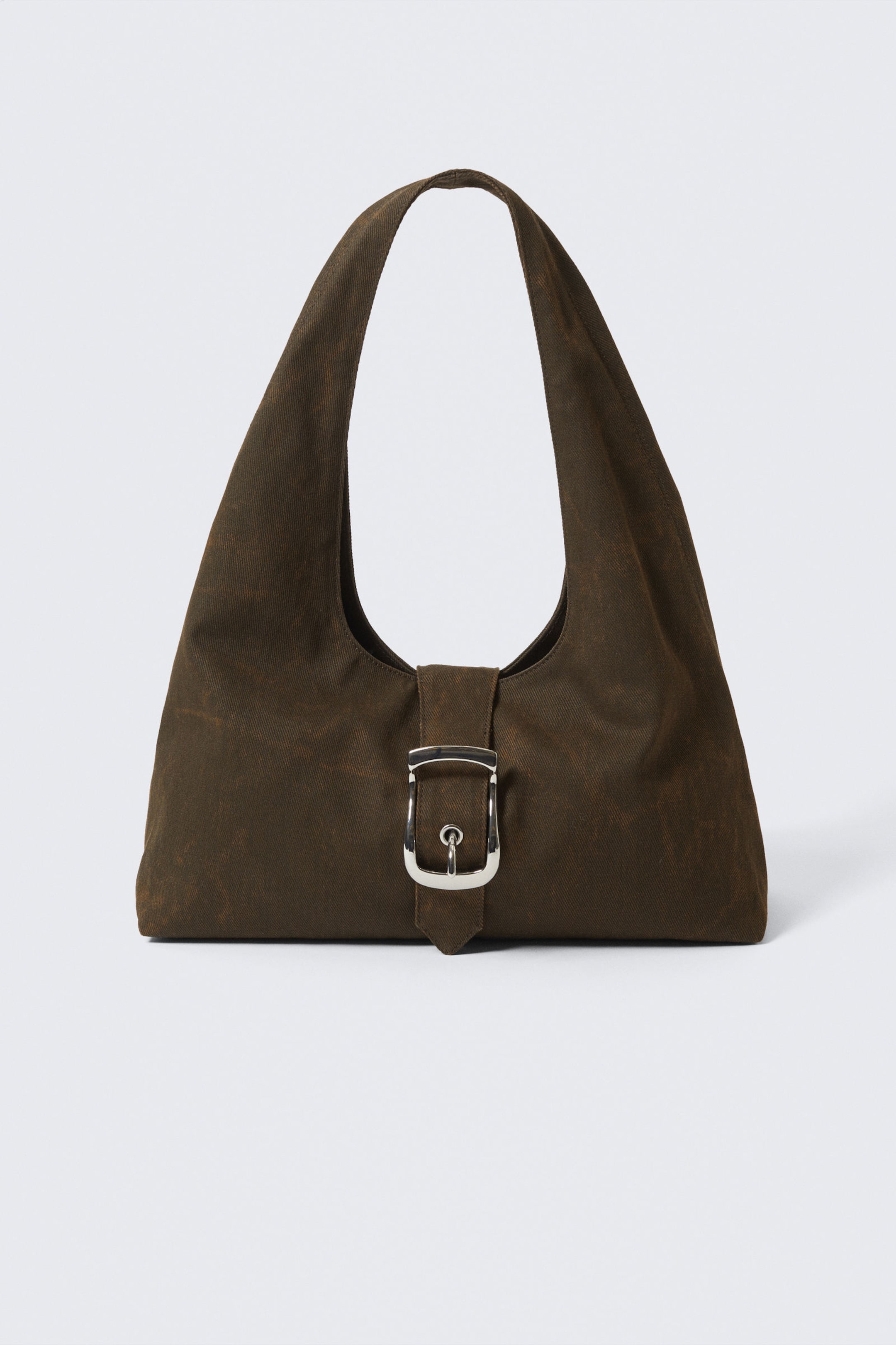 Brown - Structured Buckle Canvas Shoulder Bag - 1