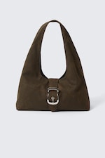 Brown - Structured Buckle Canvas Shoulder Bag - 2