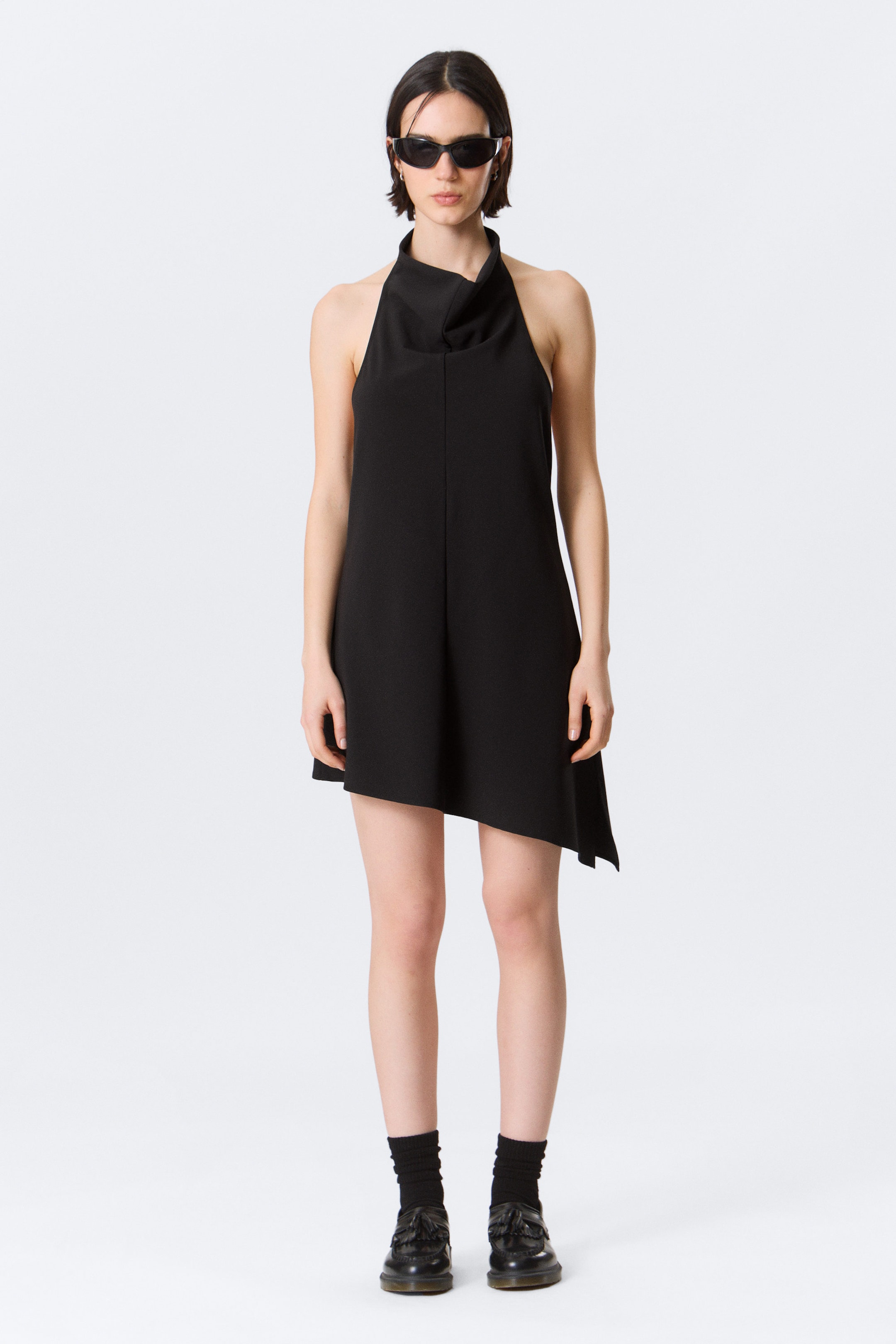 Black - Draped Halter Cowl Neck Midi Dress - 1