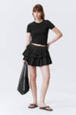 Striped Black - Pleated Layered Mini Skirt - 0