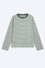 White - Green Stripe - Loose Boxy Long-Sleeved T-shirt - 0