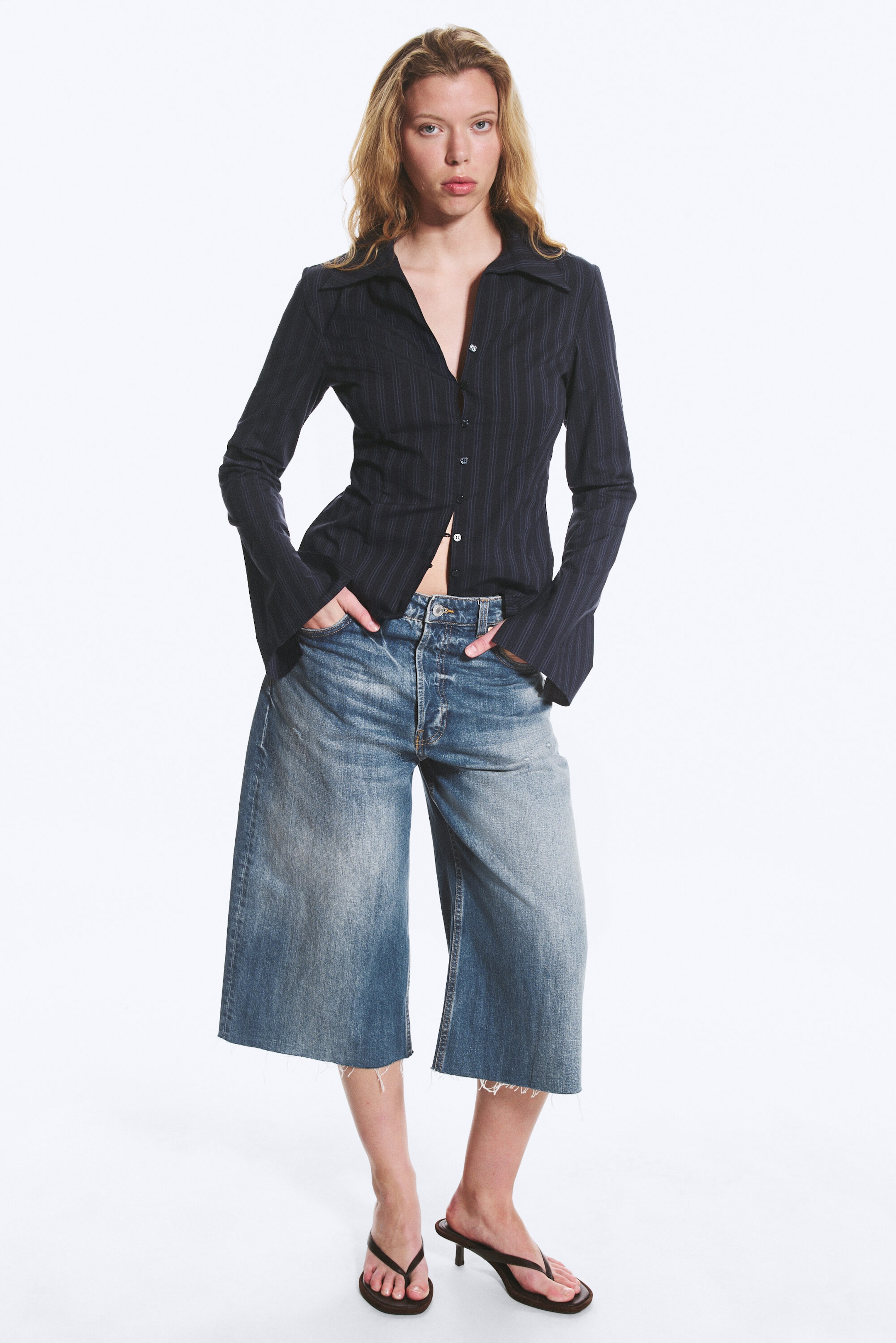 Striped Dark Blue - Slim Fit Textured Blouse - 1