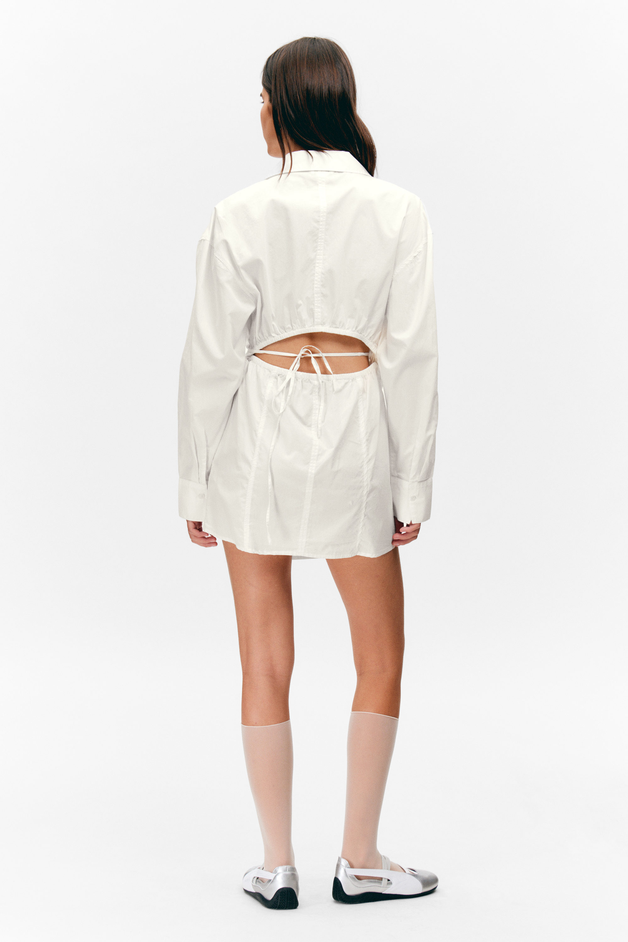 White - Long-Sleeved Mini Wrap Shirt Dress - 5