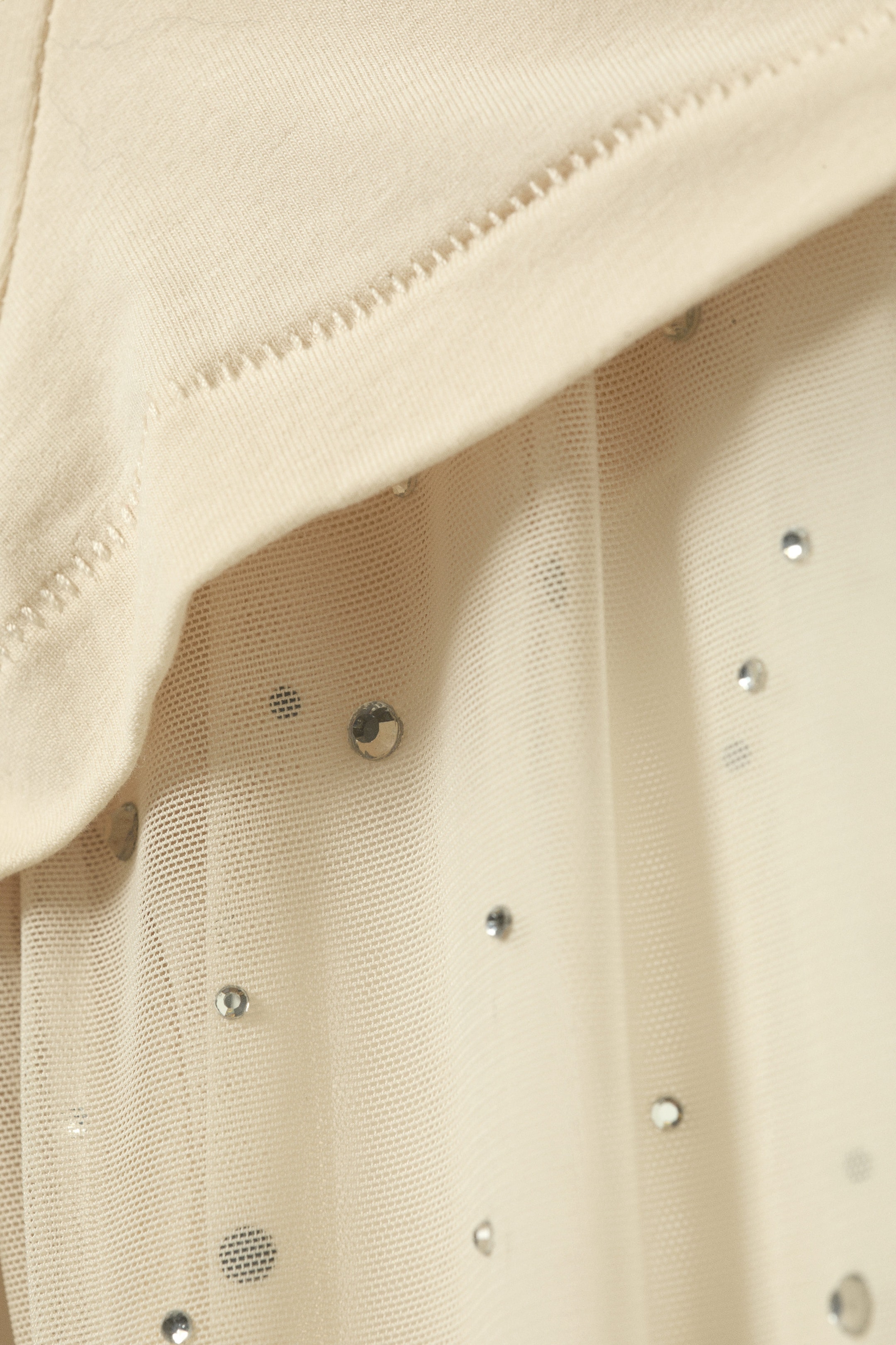 Beige - Rhinestone Mesh-Sleeve Top - 4