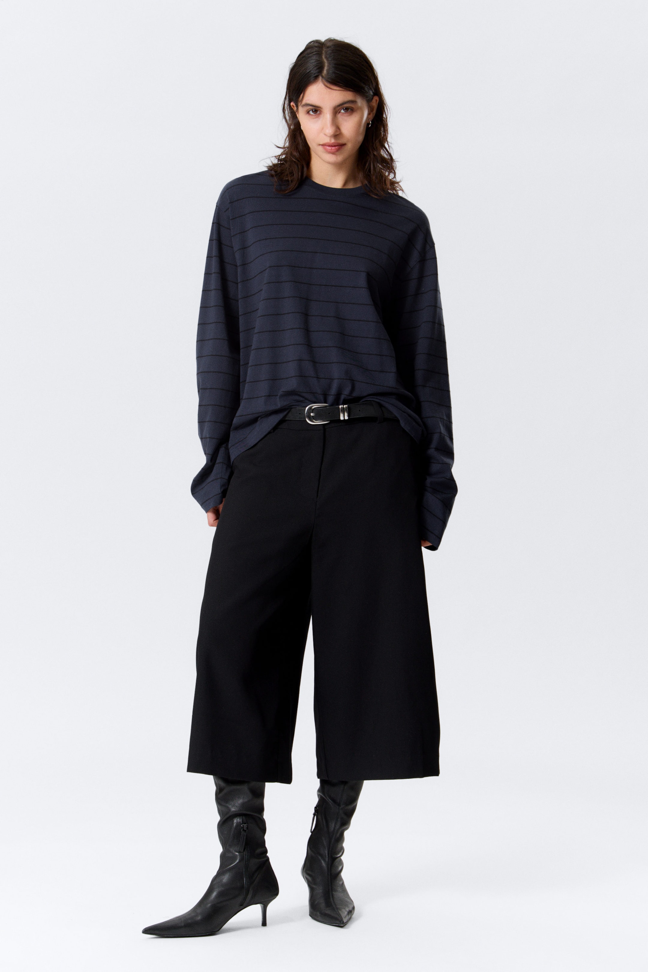 Striped Dark Blue - Long-Sleeved Boxy Cotton T-shirt - 2