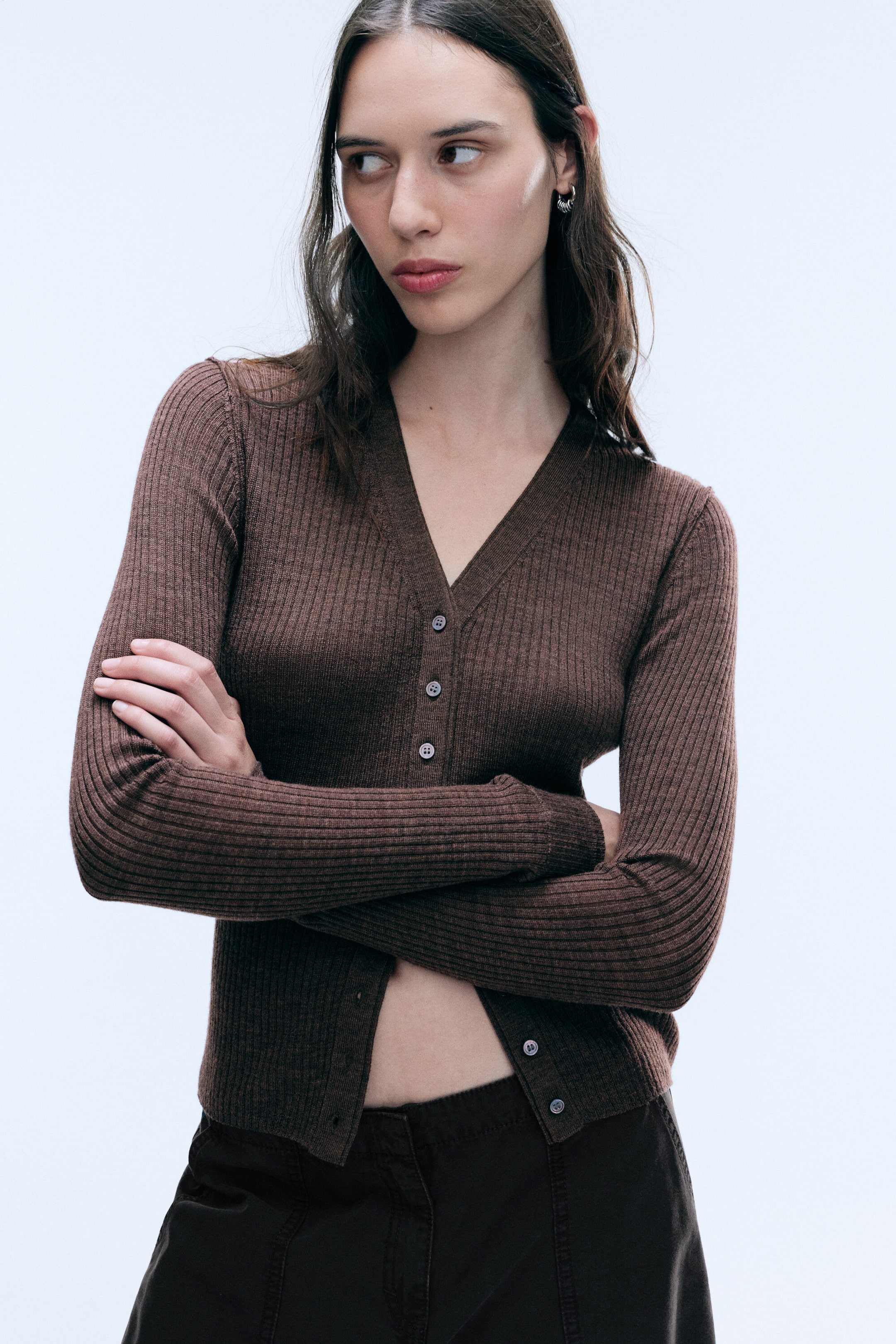Dark Brown - V-neck merino cardigan - 2