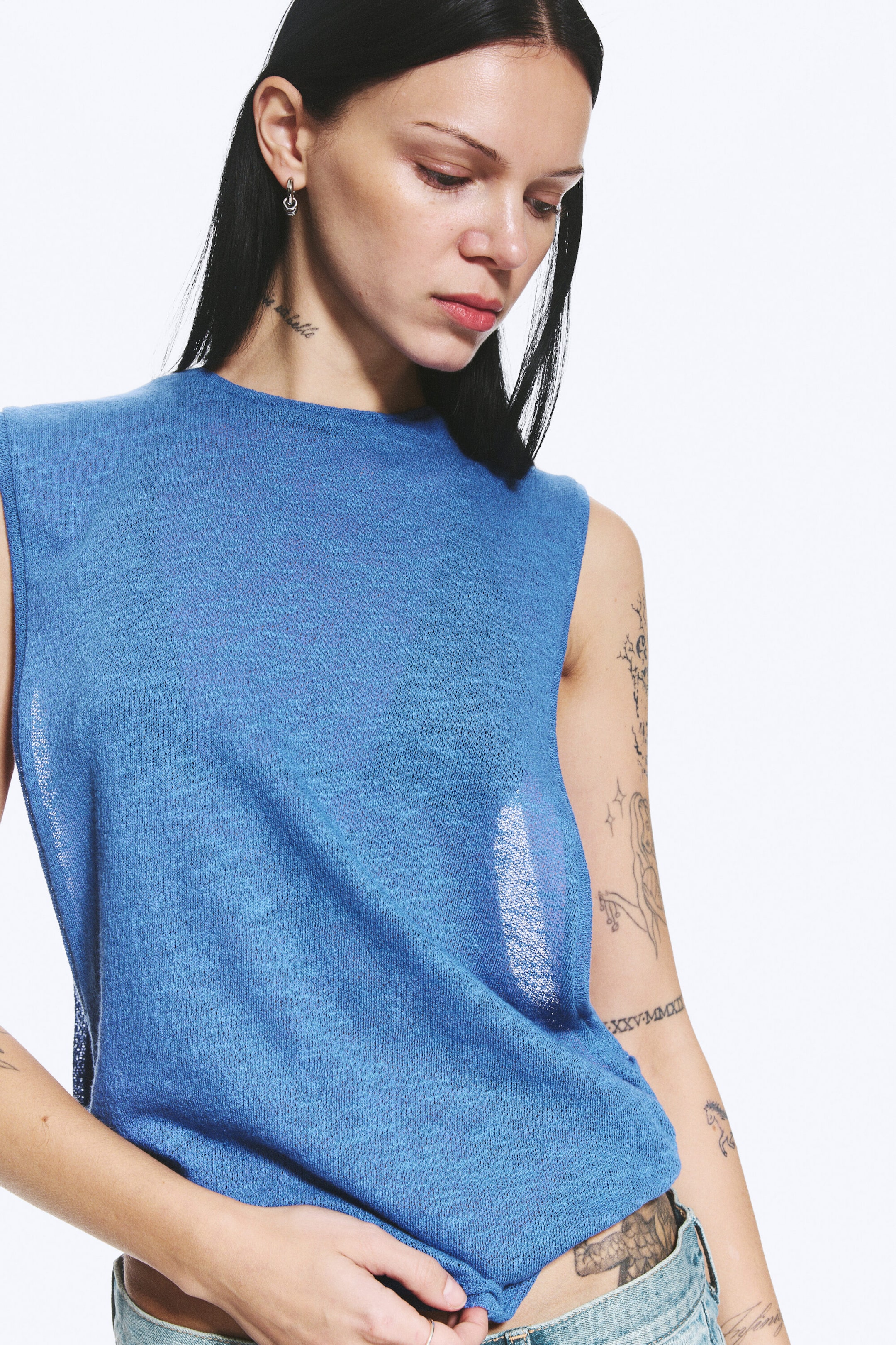 Blau - Tanktop mit Raffungen - 2
