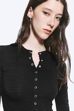 Striped Dark Grey - Slim Long-Sleeved Buttoned Cardigan - 3