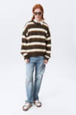 Striped Brown - Knitted Oversized Boxy Cotton Sweater - 1