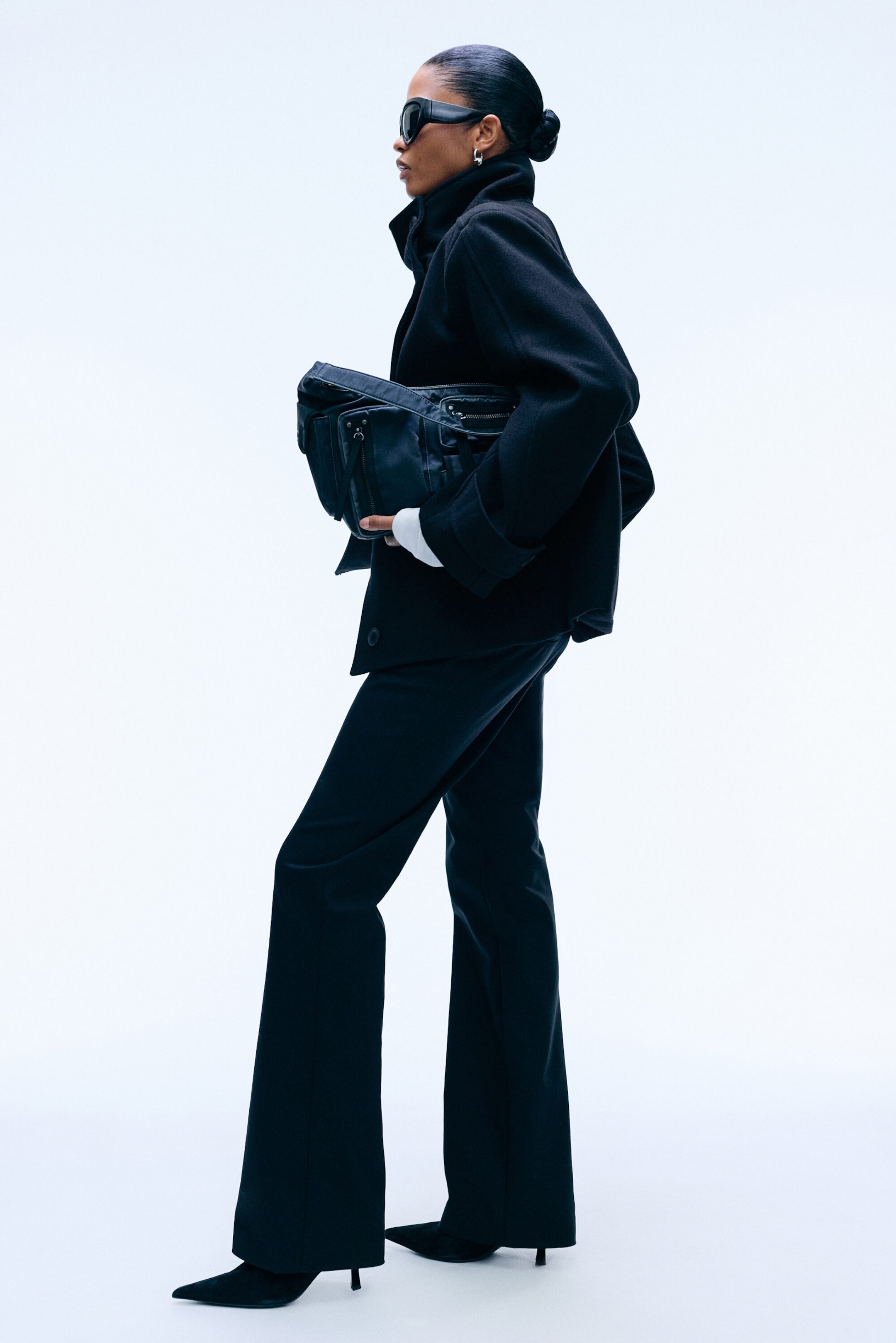 Black - Funnel collar wool-blend jacket - 3
