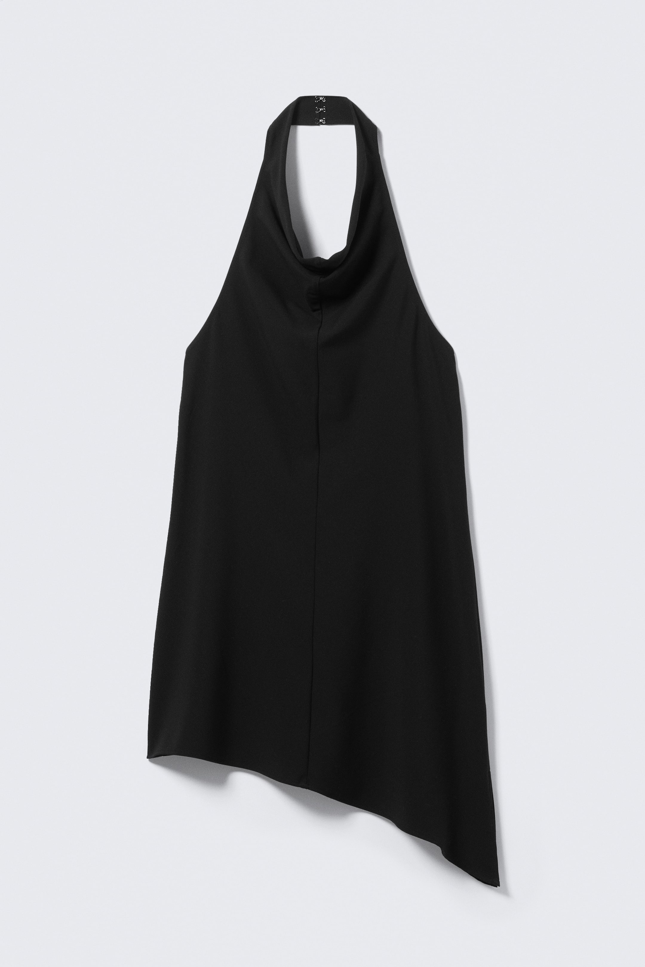 View larger image: A black sleeveless halter midi dress is displayed from the FRONT, crafted from suiting fabric. It features a folded, draped mock-cowl neckline secured with a metal hook-and-eye fastening, a centre front seam, and an asymmetric hem.