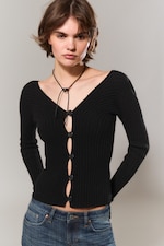 Black - Tight Knitted V-neck Cardigan - 0