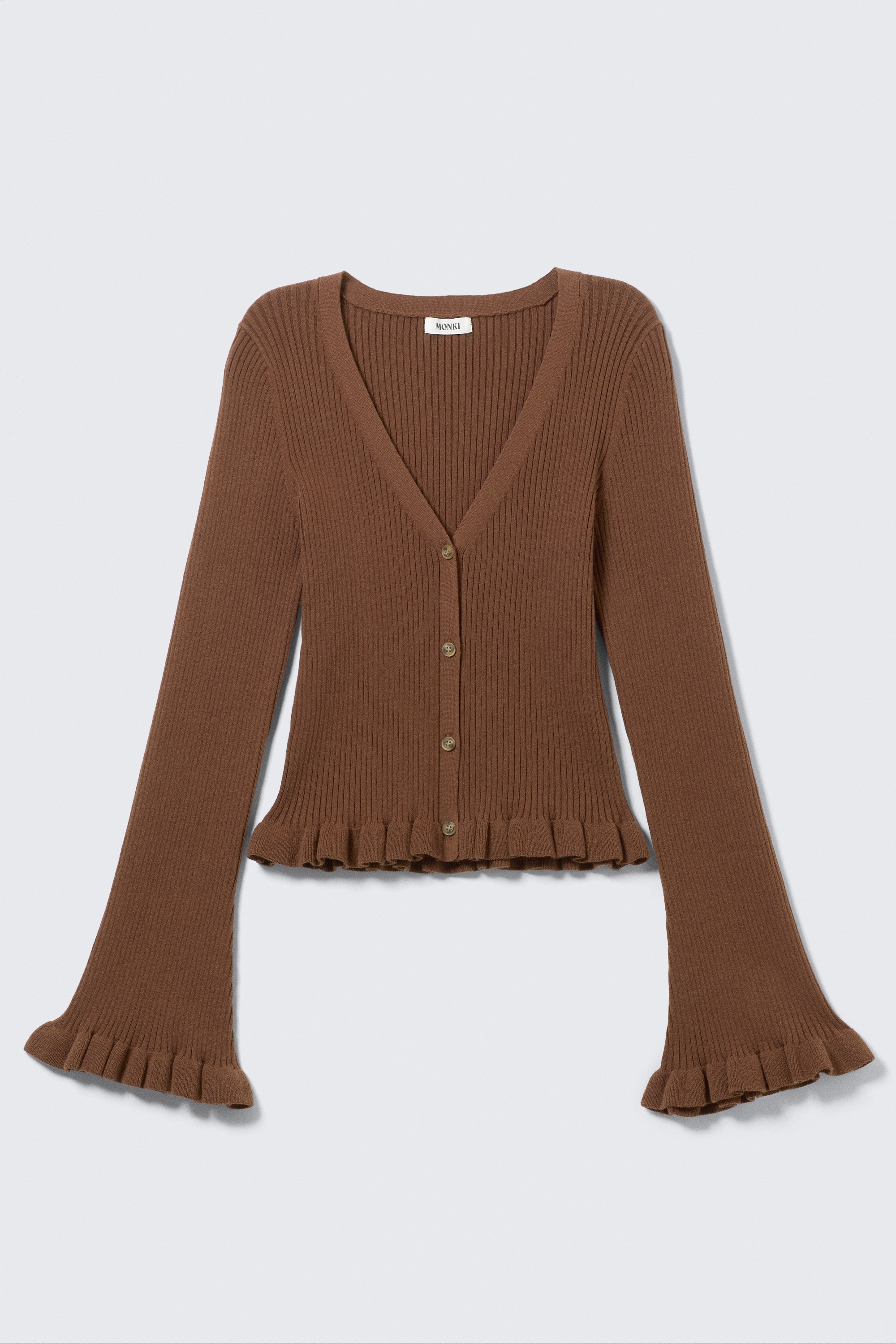 Плетен кардиган с V-образно деколте - Тъмно кафяво/Раиран светложълт