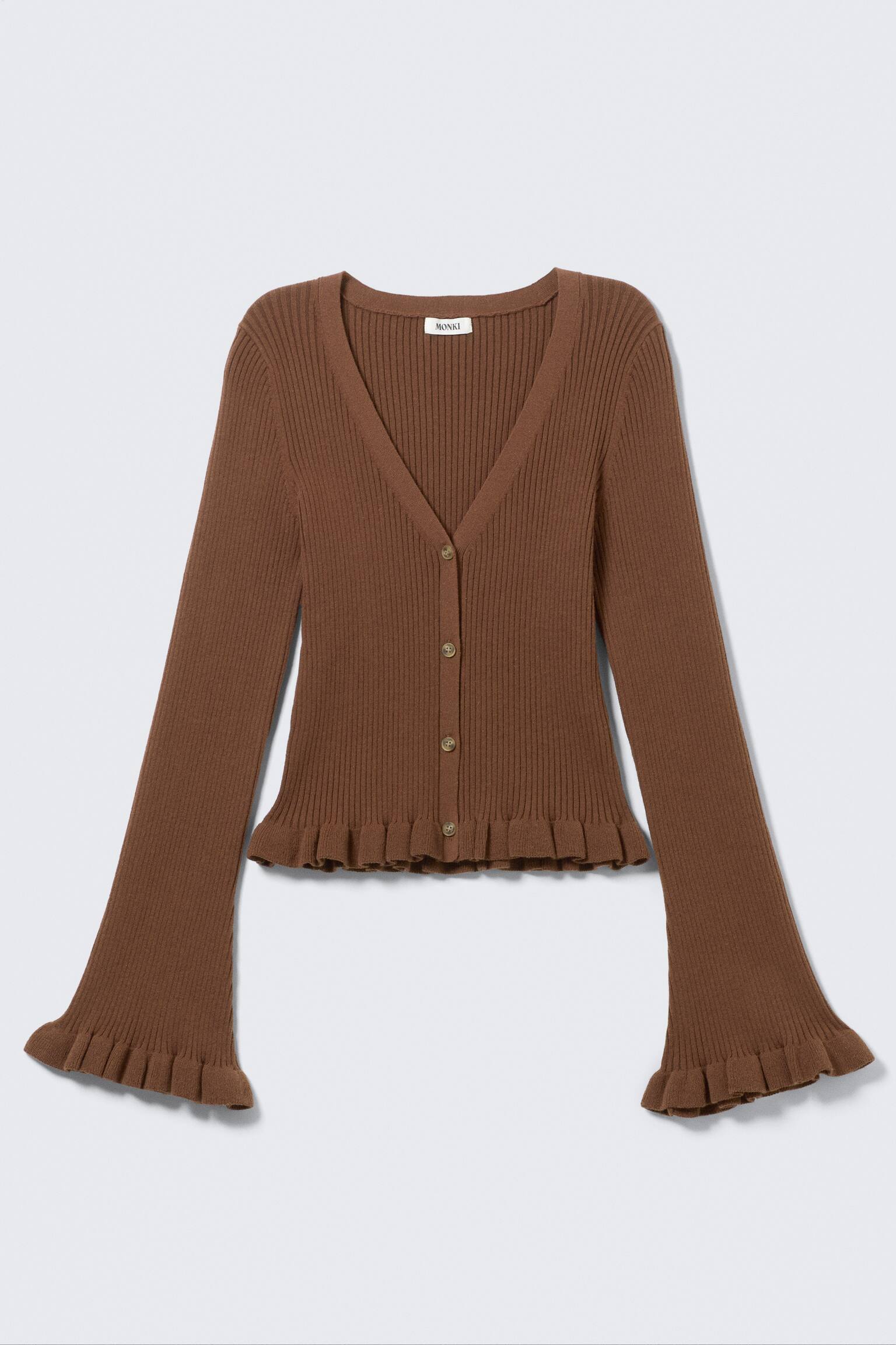 Cardigan de Malha com Decote em V - Castanho-escuro/Riscas em amarelo-claro - 2