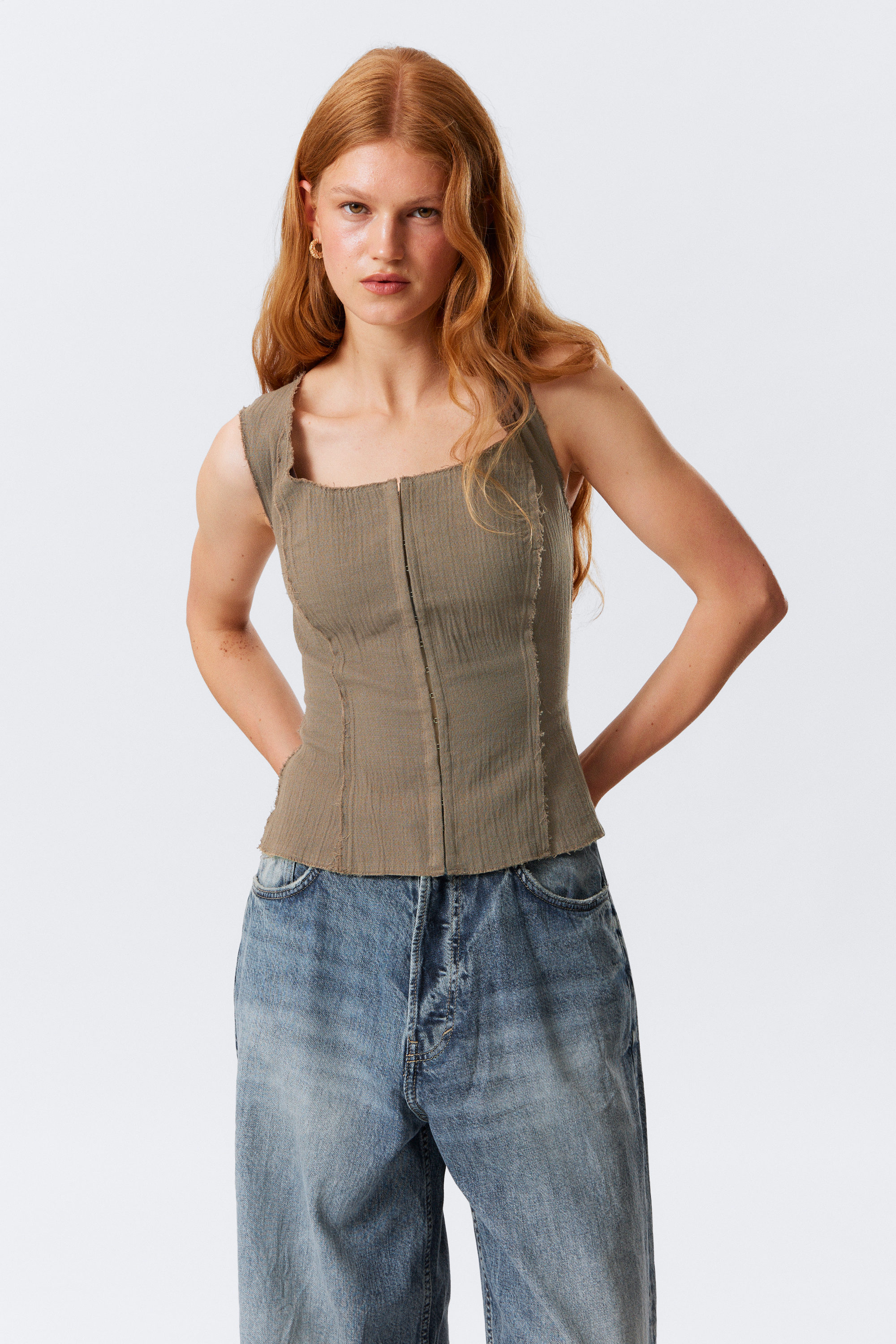 Dark Mole - Square Neck Twill Corset Top - 1
