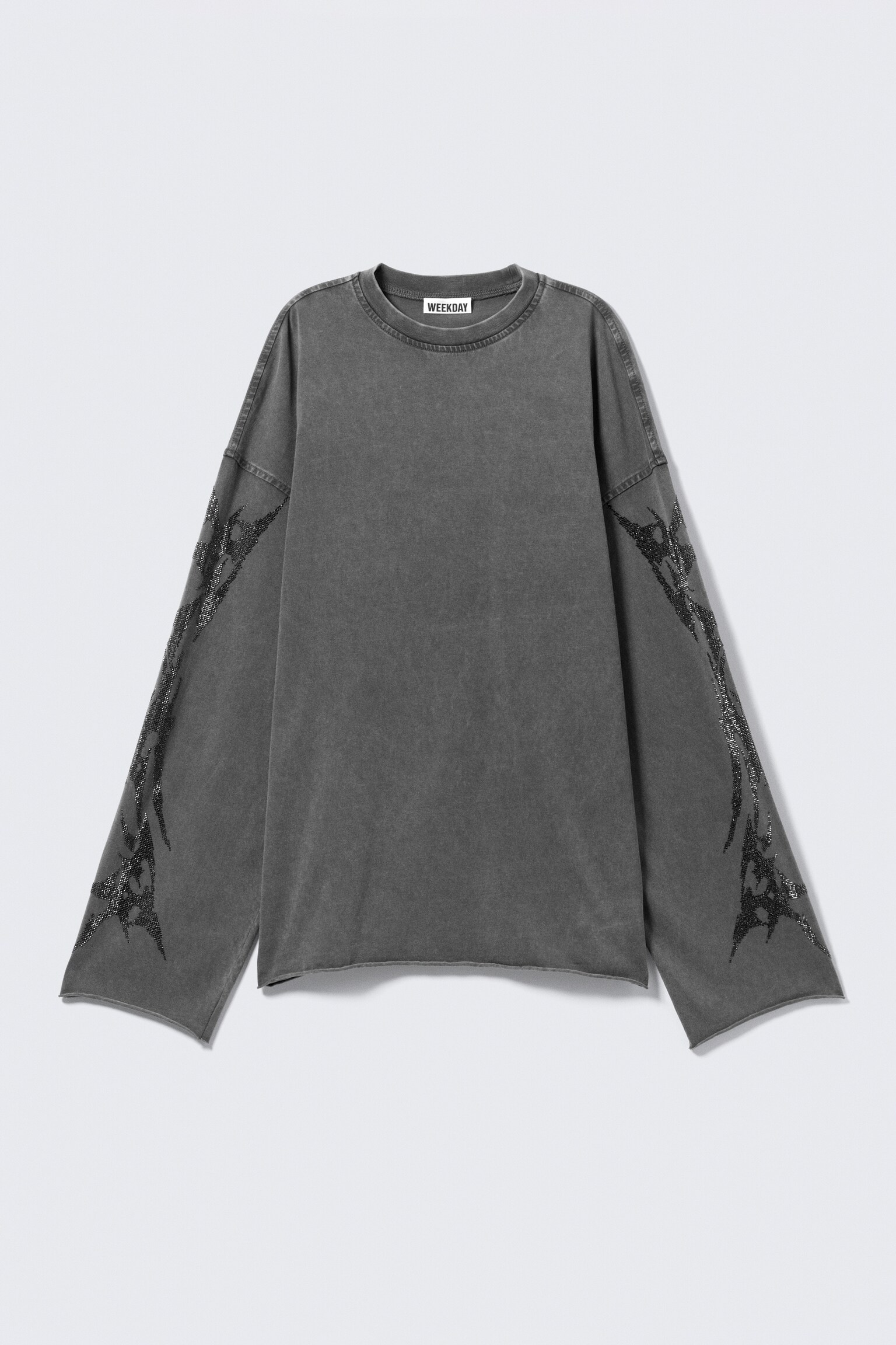 Oversized Long-Sleeved Rhinestone T-shirt - Dark Grey - 2