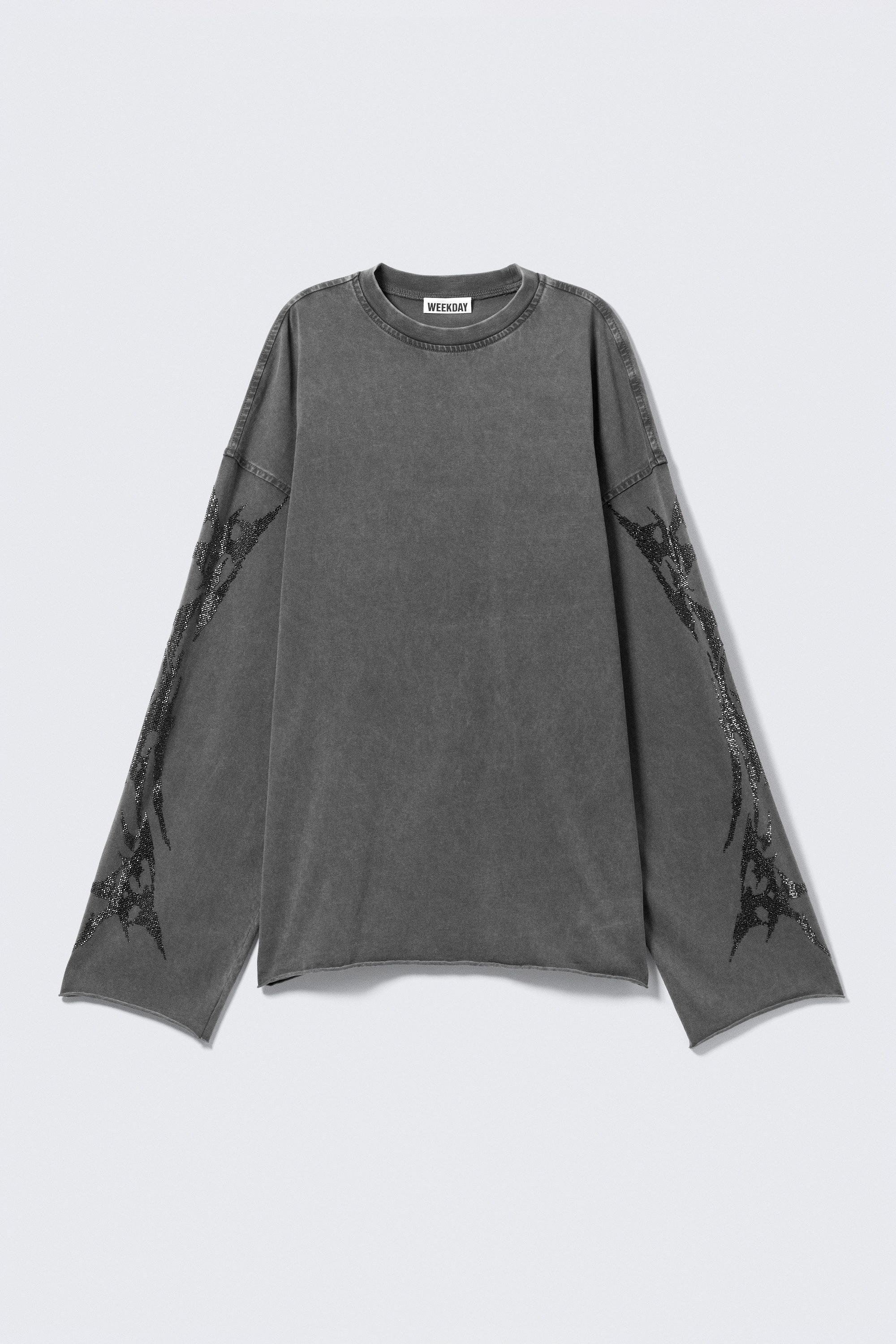 Gris foncé - Oversized Long-Sleeved Rhinestone T-shirt - 4