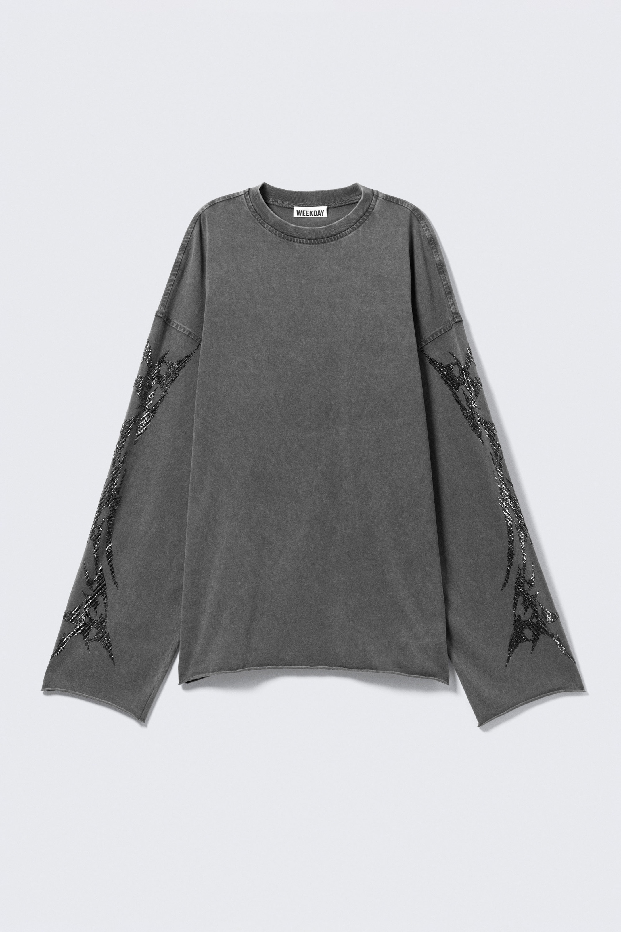 Dark Grey - Oversized Long-Sleeved Rhinestone T-shirt - 4