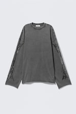 Dark Grey - Oversized Long-Sleeved Rhinestone T-shirt - 4