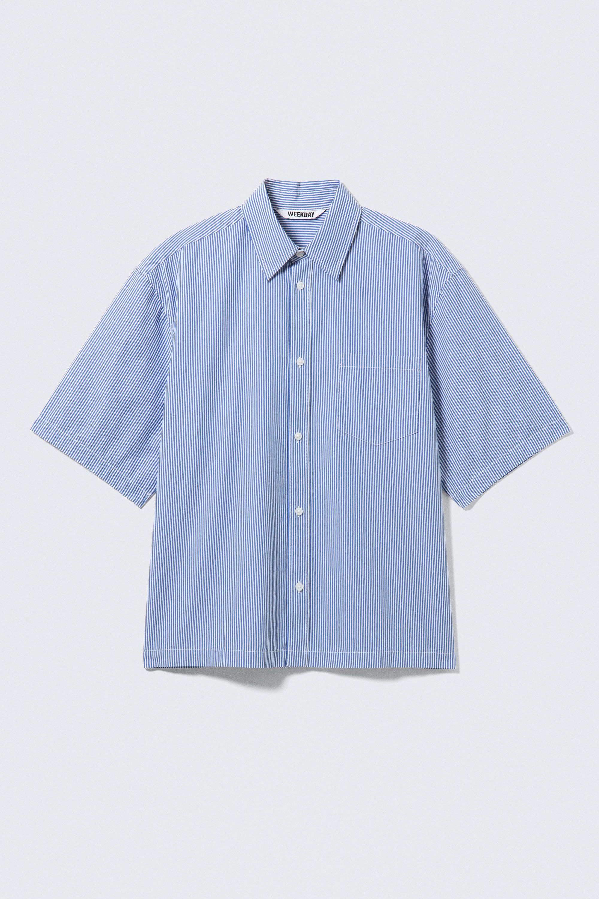 Relaxed Fit Short-Sleeved Cotton Shirt - Blue & White Stripe/Checked Brown