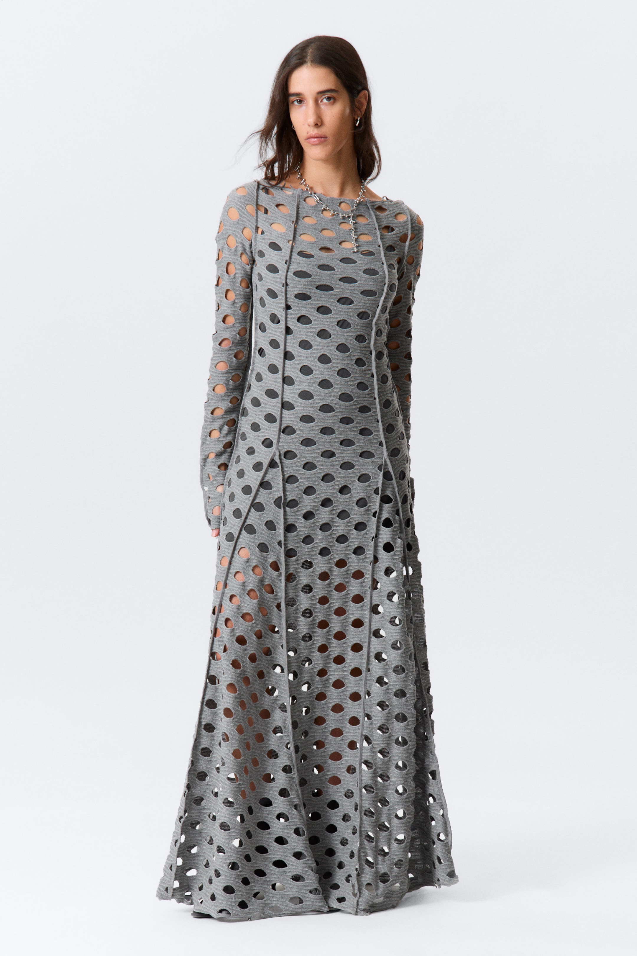 Grey - Long-Sleeved Distressed Maxi Dress - 2