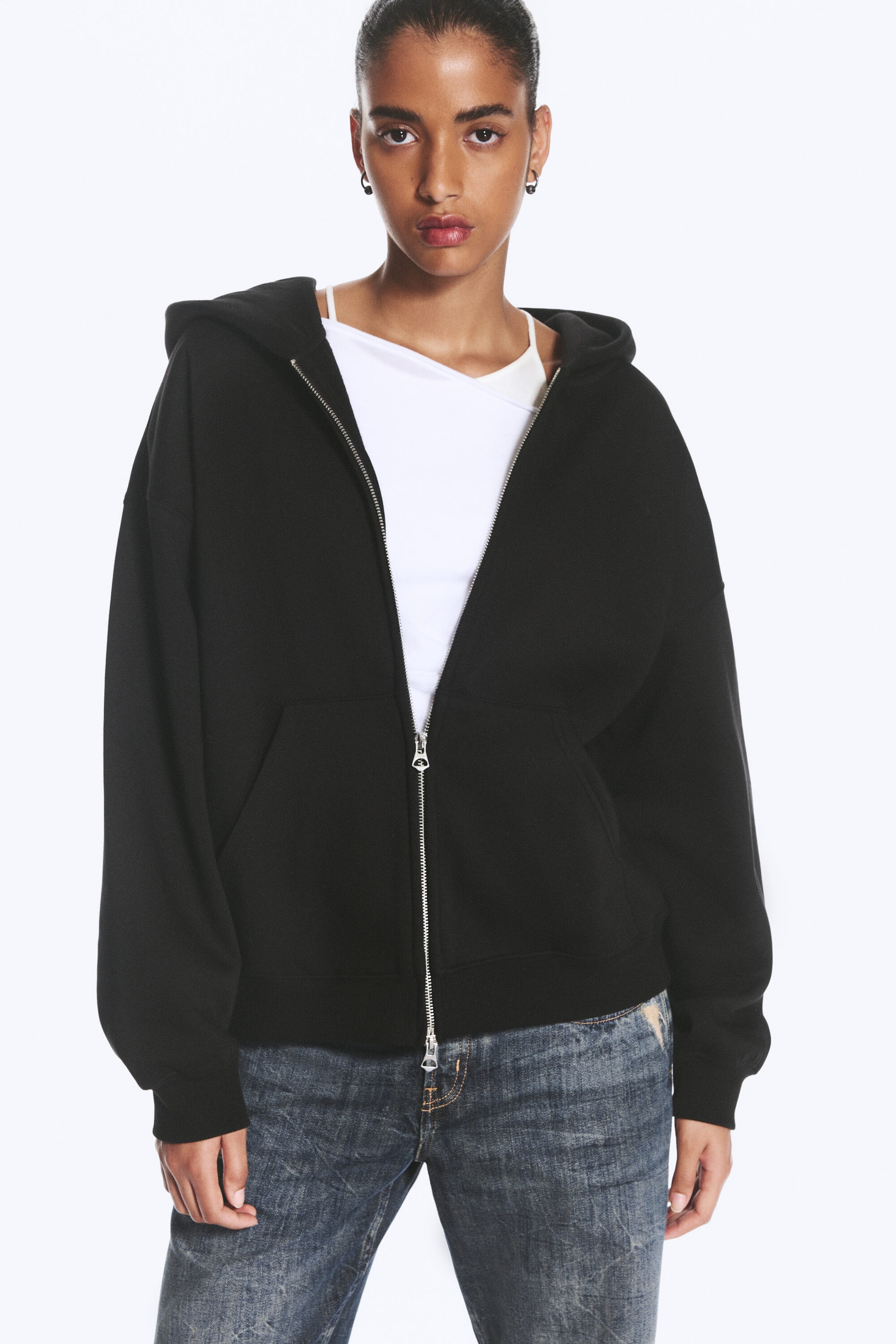 Svart - Oversized kraftig hoodie med dragkedja - 2