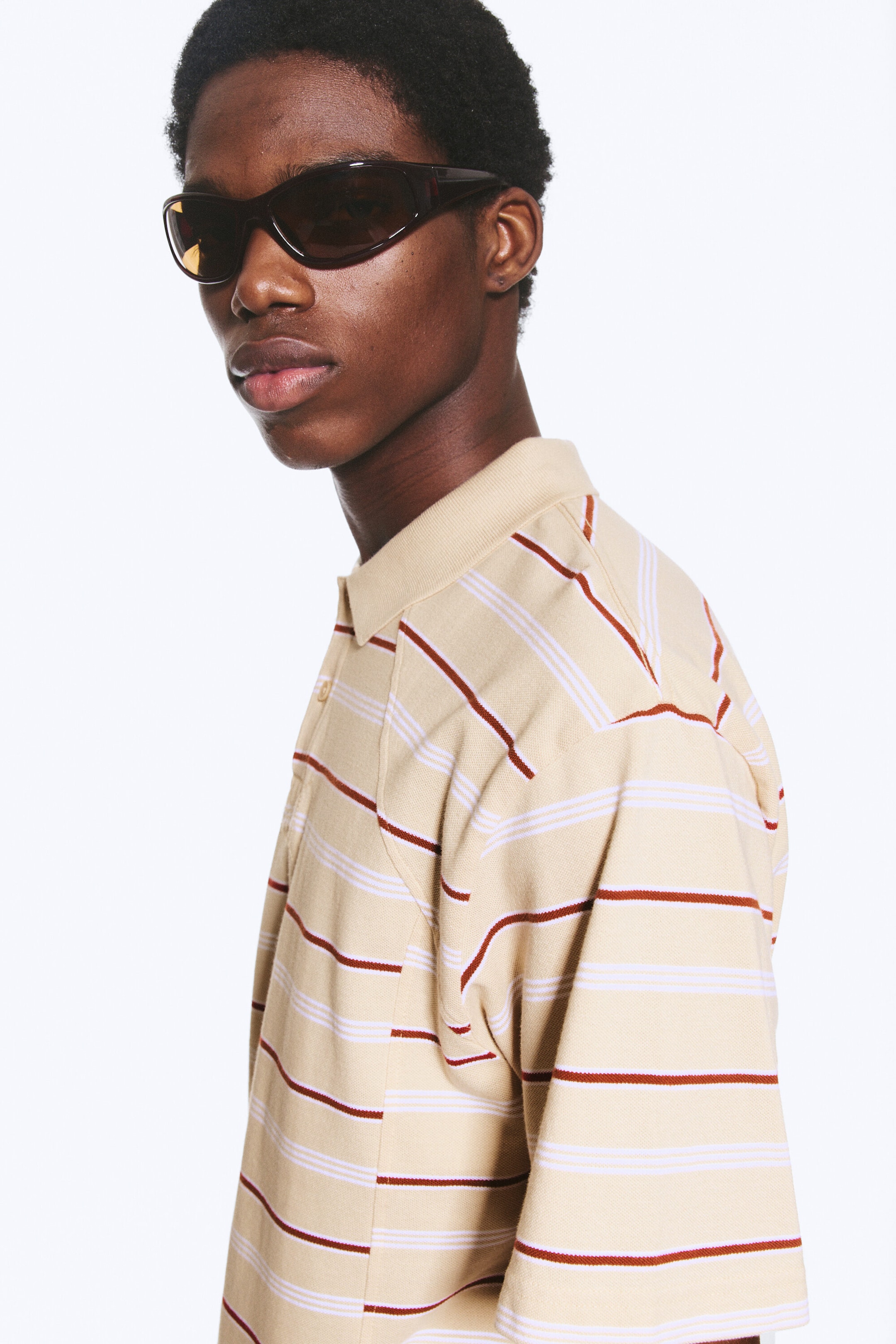 Striped Light Dusty Beige - Boxy Loose Polo Shirt - 2