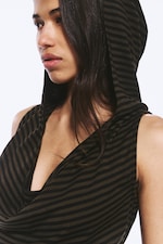 Striped Dark Khaki Green - Striped Draped Hooded Top - 2