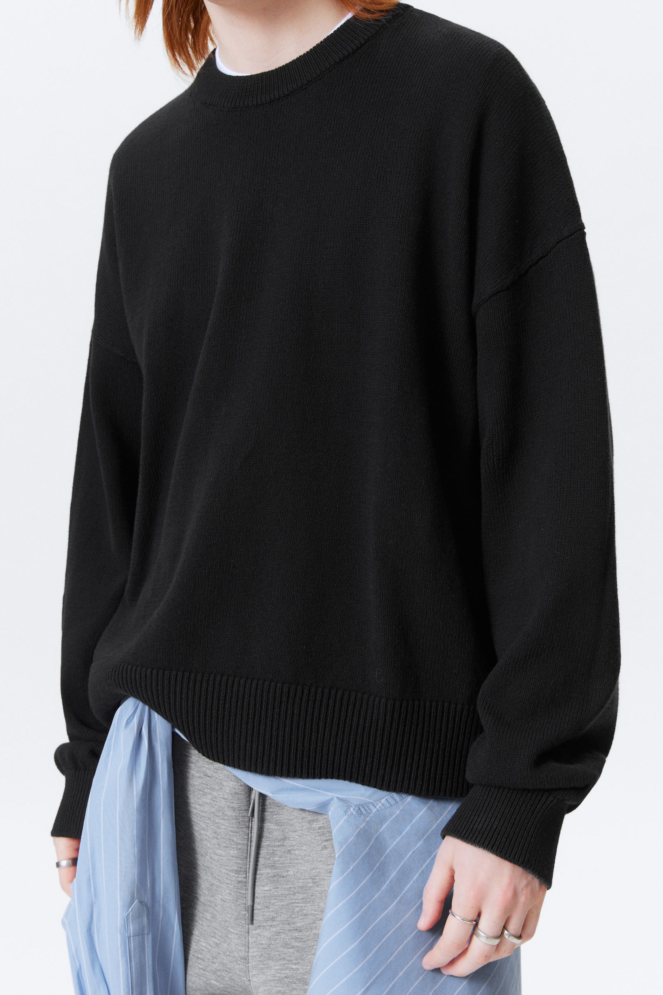 Black - Knitted Oversized Boxy Cotton Sweater - 2
