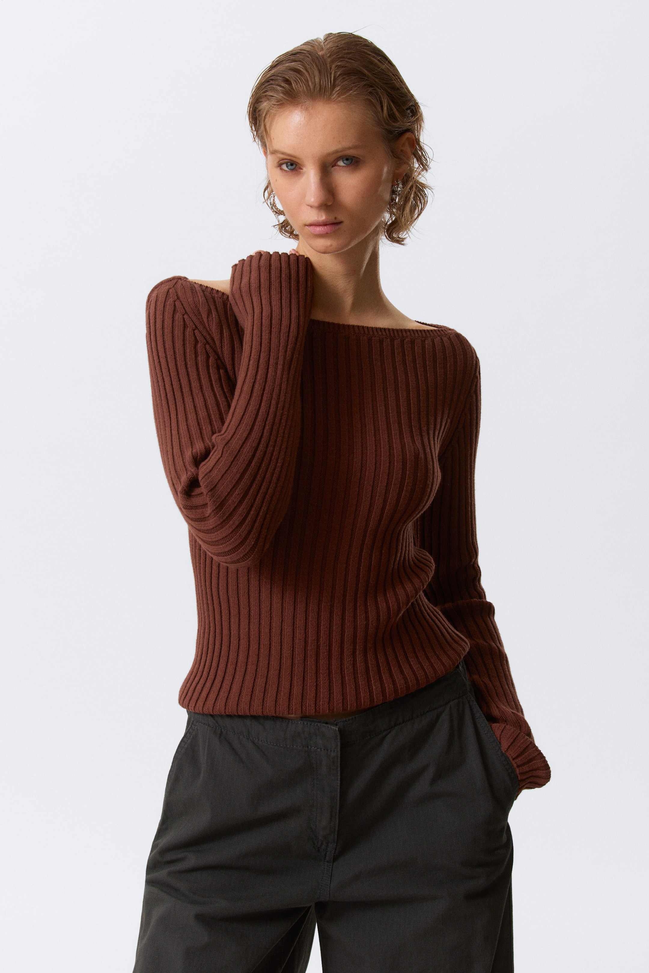 Rusty Brown - Slim Knitted Boat-Neck Sweater - 1